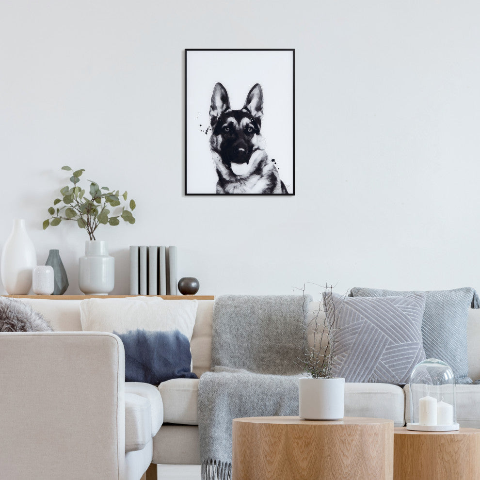 "German Shepherd" Black and White Pet Art on Printed Glass with Anodized Frame
