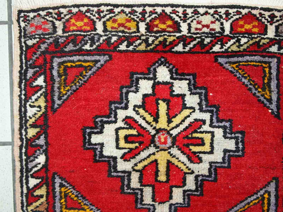 Handmade vintage Turkish Yastik rug 1.6' x 3.5' (48cm x 107cm) 1950s
