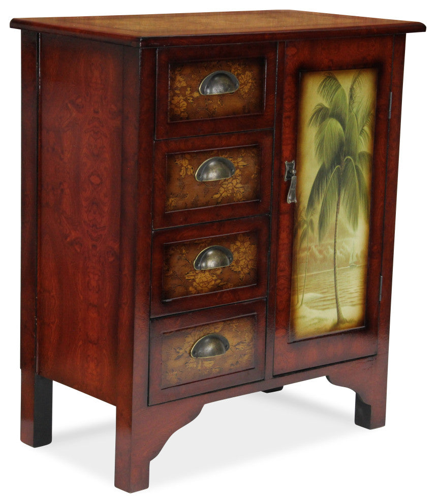 Wooden Cabinet With 4-Drawers, 1-Door, Burlwood Veneer