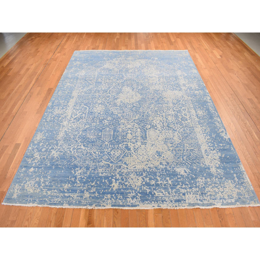 Steel Blue, Broken Persian Design, Wool and Silk, Hand Knotted Rug, 9'2"x12'1"