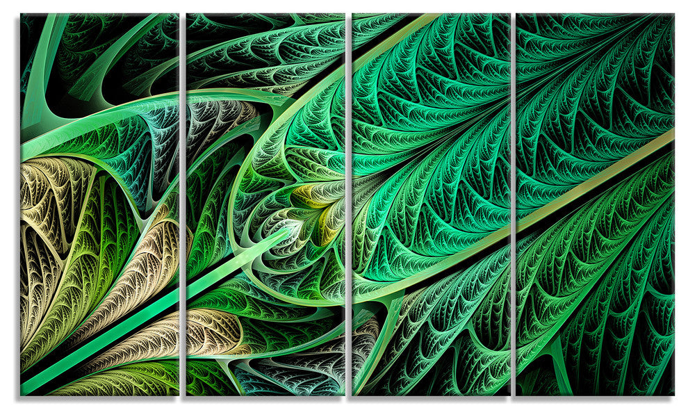 Green on Black Fractal Stained Glass, Abstract Canvas Art, 48"x28", 4 Panels