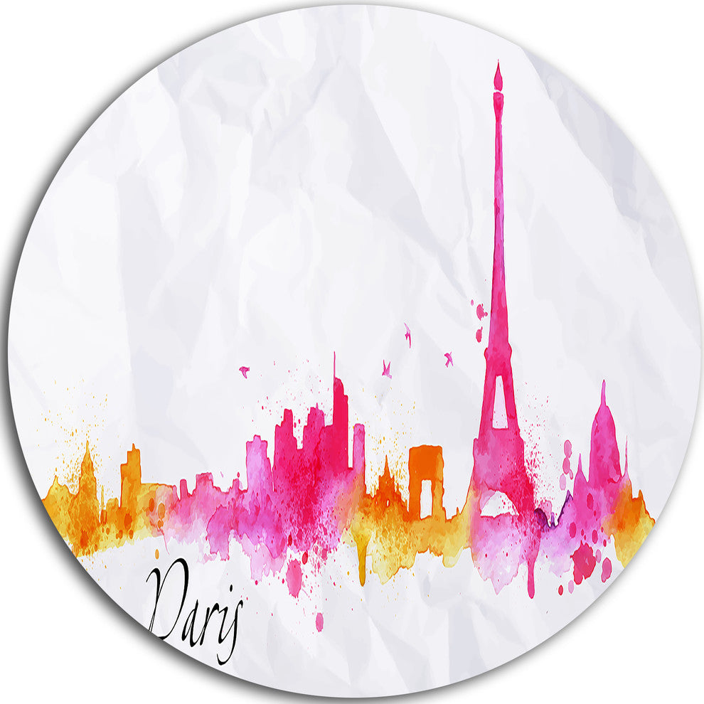 Paris Pink Silhouette, Cityscape Painting Round Metal Wall Art, 23"