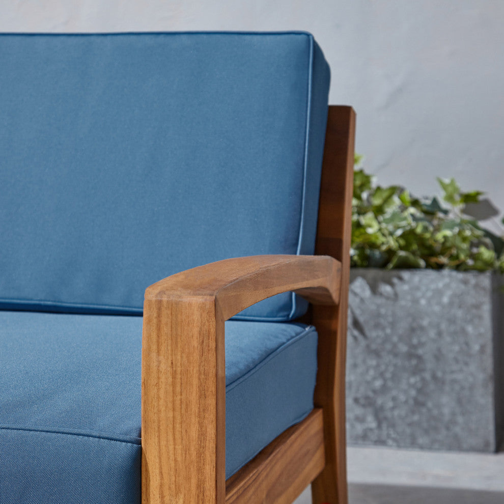 GDF Studio Christian Outdoor Acacia Wood Loveseat/Coffee Set, Teak Finish/Blue