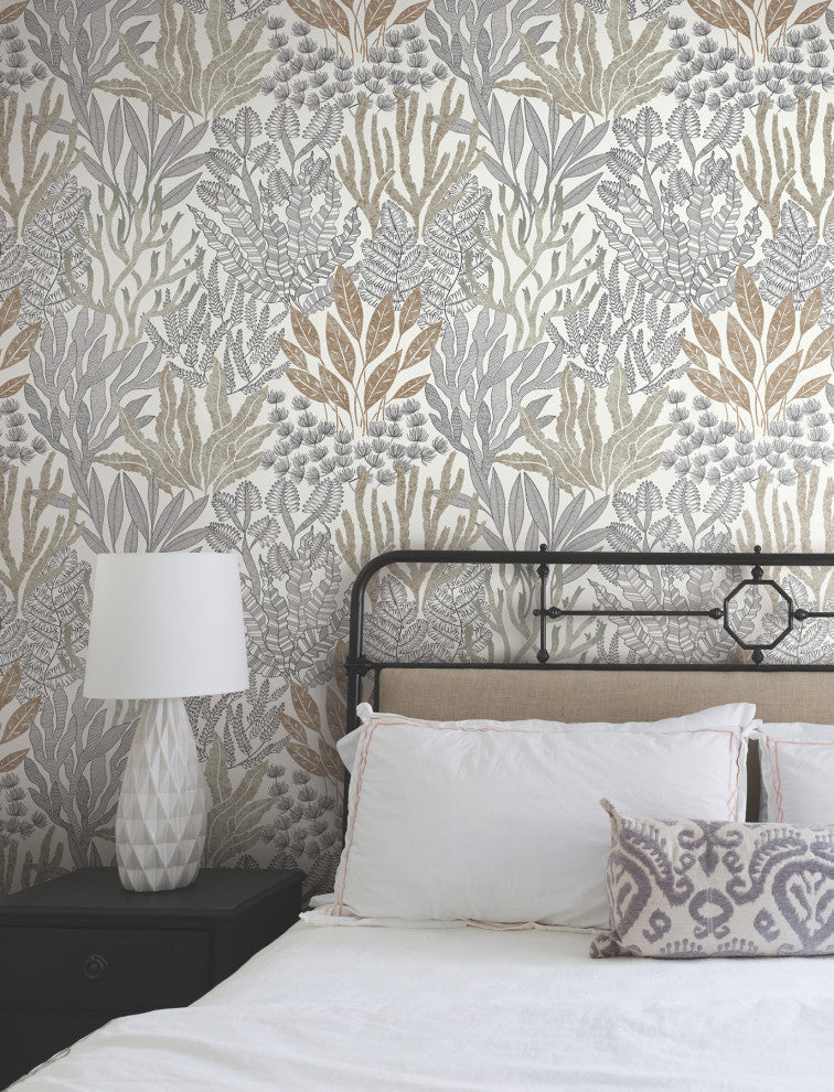 Coral Leaves Taupe and Black Wallpaper