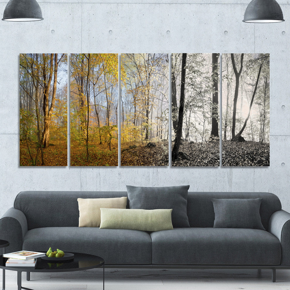 Yellow Morning in Forest Panorama, Landscape Canvas Art Print, 60"x28", 5 Panels