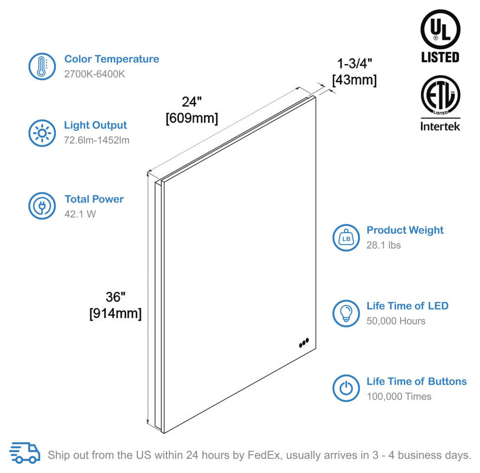 Fogless, Dimmable, Color Temperature Adjustable LED Mirror, 24x36