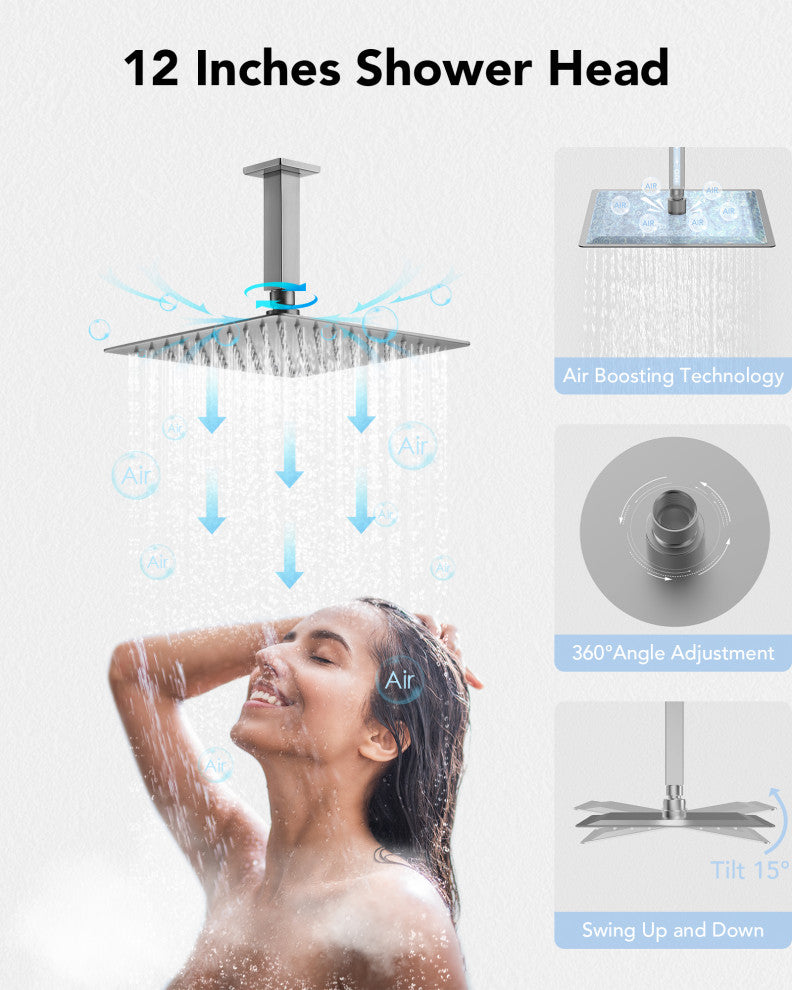 Digital Shower System 12" Rainfall Shower Head With 6 Body Jets, Brushed Nickel