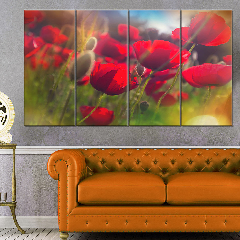 Thick Red Poppy Flowers, Floral Canvas Art Print, 48"x28", 4 Panels