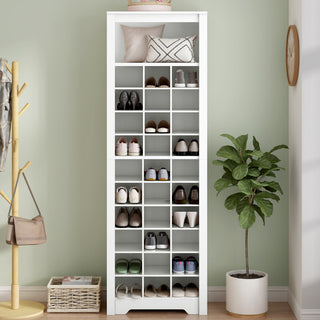 Lifestyle photo of the cabinet in a room with decor and shoes, presenting real-use context.