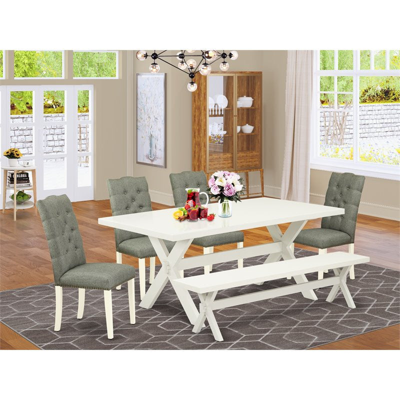 6-Piece Set, Smoke, Seat Chairs, Bench and Top Table With Wood Legs-Linen White