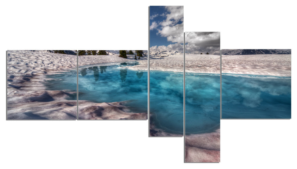 Amazing Blue Melt Lake in Fog, Large Landscape Canvas Print, 60"x32", 5 panels