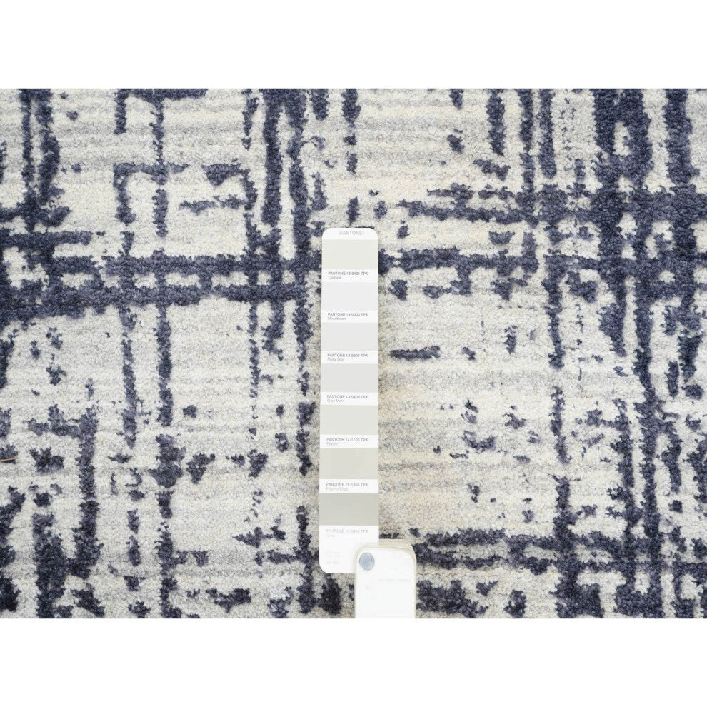 Black, Modern Erased Lines Design, Wool and Silk Hand Loomed Rug, 10'0"x13'9"