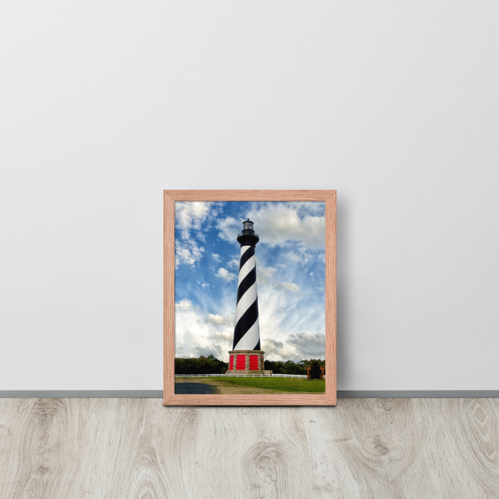 Cape Hatteras Lighthouse Coastal Landscape Framed Photo Paper Wall Art Prints, Red Oak, 11" X 14"
