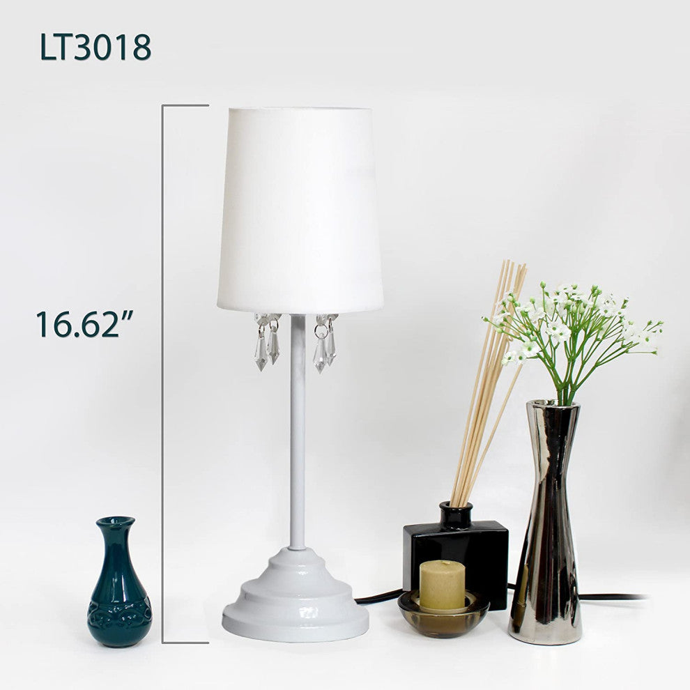 Simple Designs Table Lamp With Fabric Shade and Hanging Acrylic Beads, White
