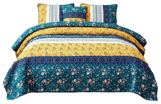 Bohemian Patchwork Bed of Wild Flowers Floral Garden Bedspread Set, King