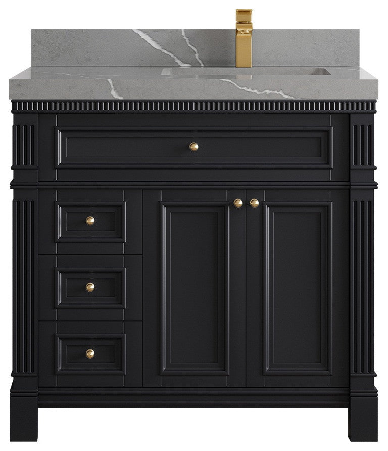 Paris 36" Right Offset Bathroom Vanity, Black 2" Piatra Gray
