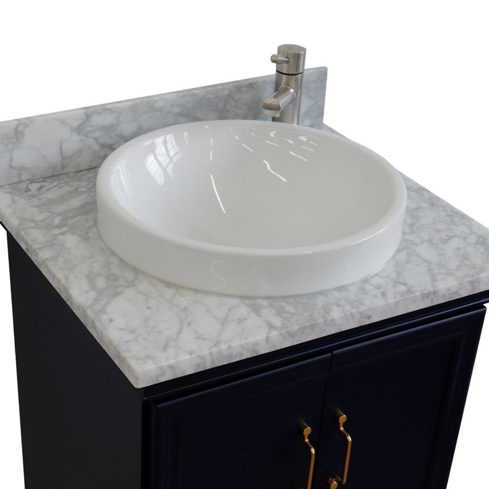 25" Single Vanity, Blue Finish With White Carrara And Round Sink