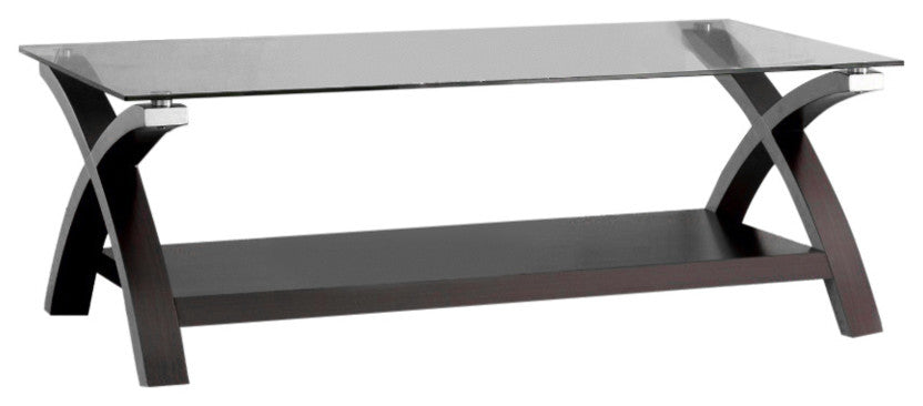 Cross Legs Modern Glass Coffee Table, Dark Brown