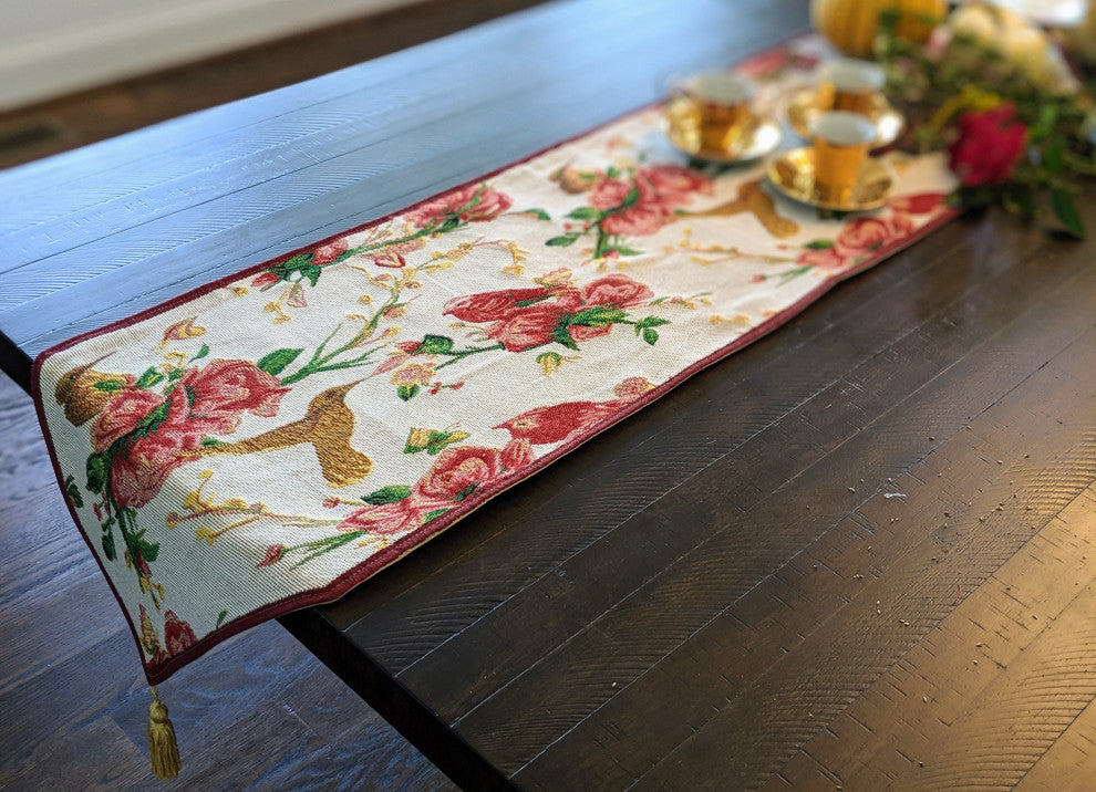Seasonal Floral Woven Tapestry Table Runners, White Floral, 13x72