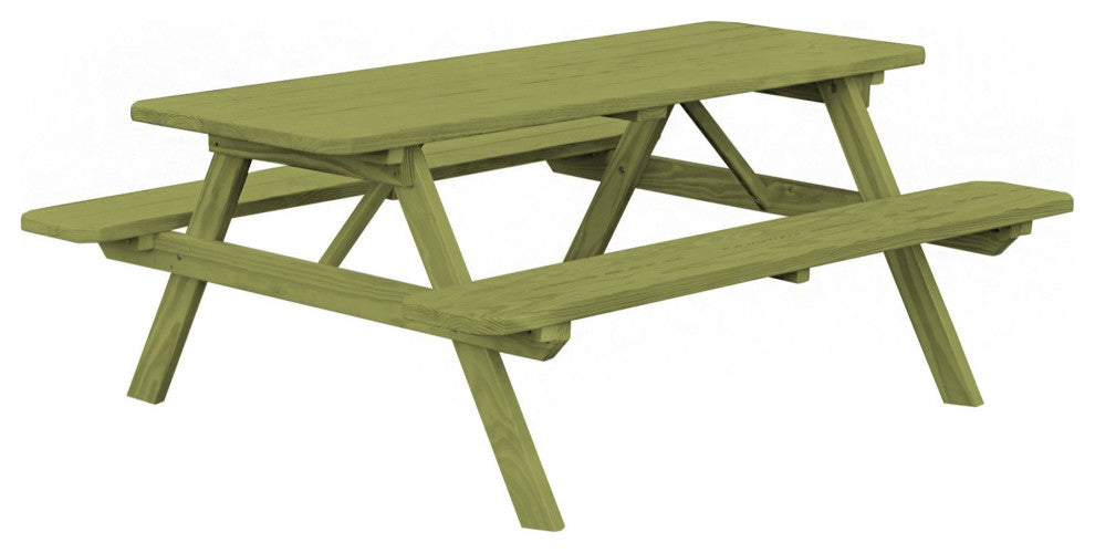 Pressure Treated Pine Picnic Table with Attached Benches, Linden Leaf Stain, 8 Foot, With Umbrella Hole
