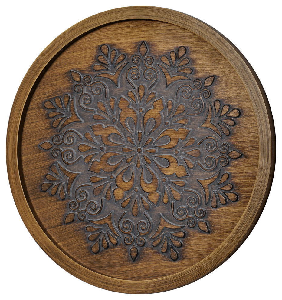 American Art Decor Boho Rustic Farmhouse Wood Framed Wall Medallion Brown, Grey