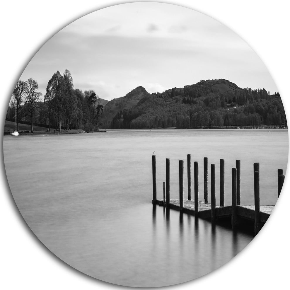 Pier Over Coniston Water Panorama, Sea Bridge Disc Metal Wall Art, 11"