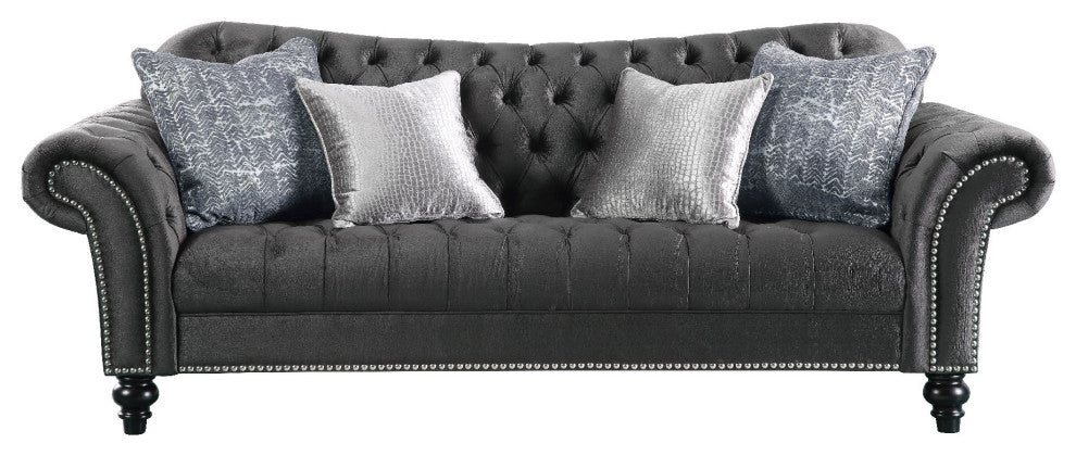 Benzara BM185567 Fabric Upholstered Wooden Sofa With 4 Pillows, Dark Gray