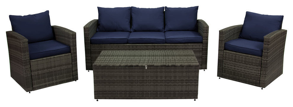 Rio 4-Piece Wicker Conversation Set With Storage, Gray Wicker/Navy Cushions