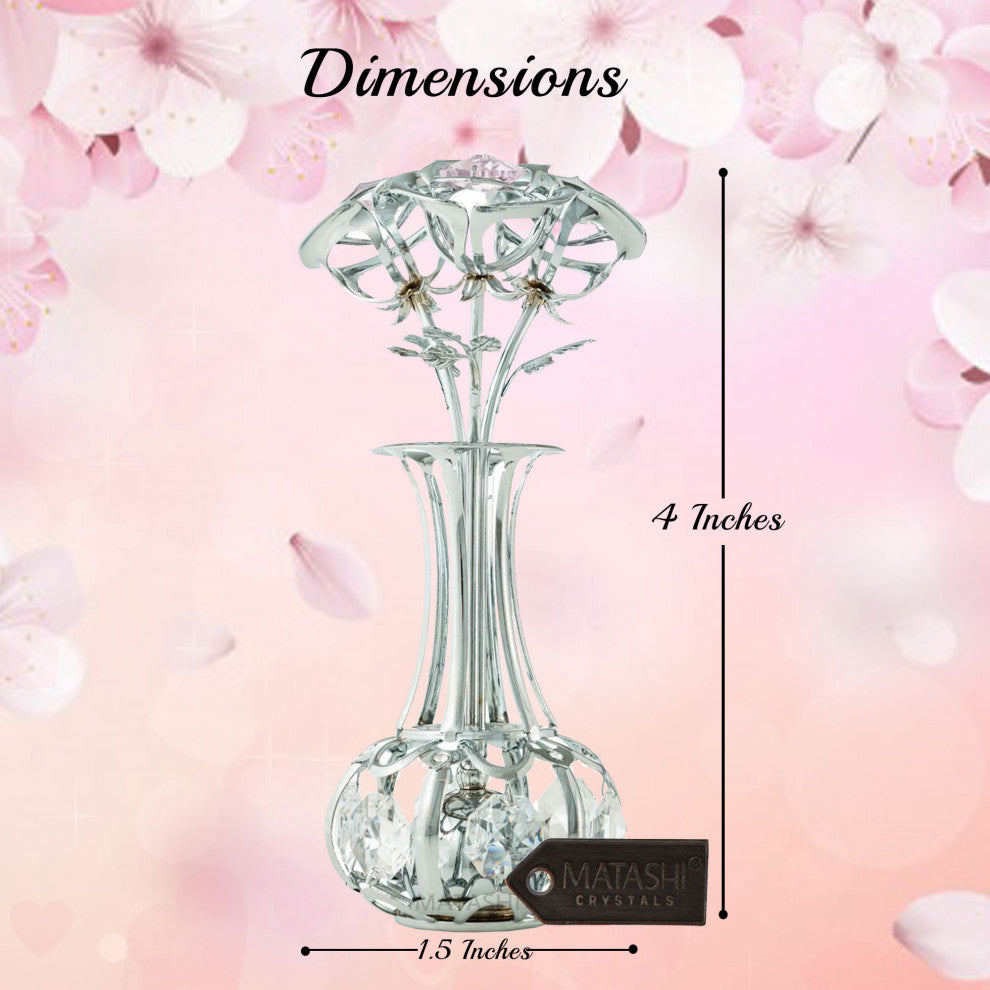 Chrome Plated Silver Flowers Bouquet and Vase With Pink and Clear Crystals