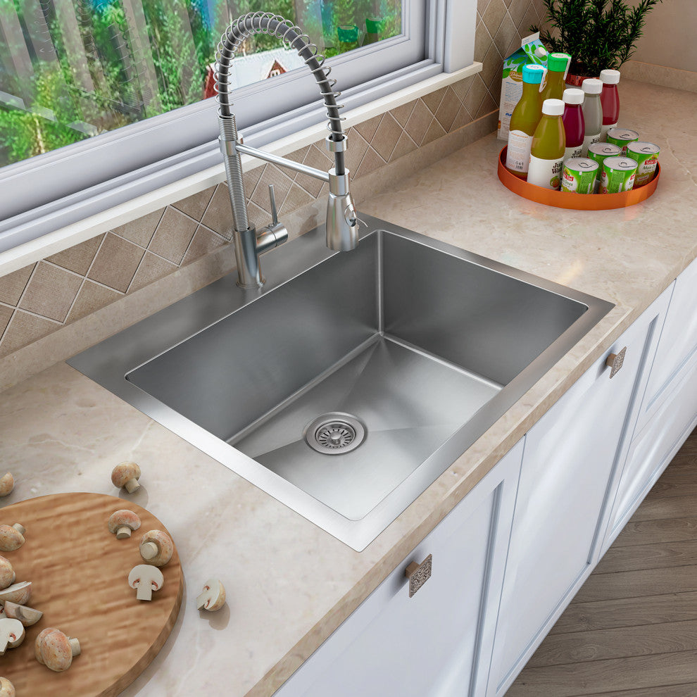 Sinber Single Bowl Kitchen Sink with 304 Stainless Steel Satin Finish, 25"x22"x9", Drop in