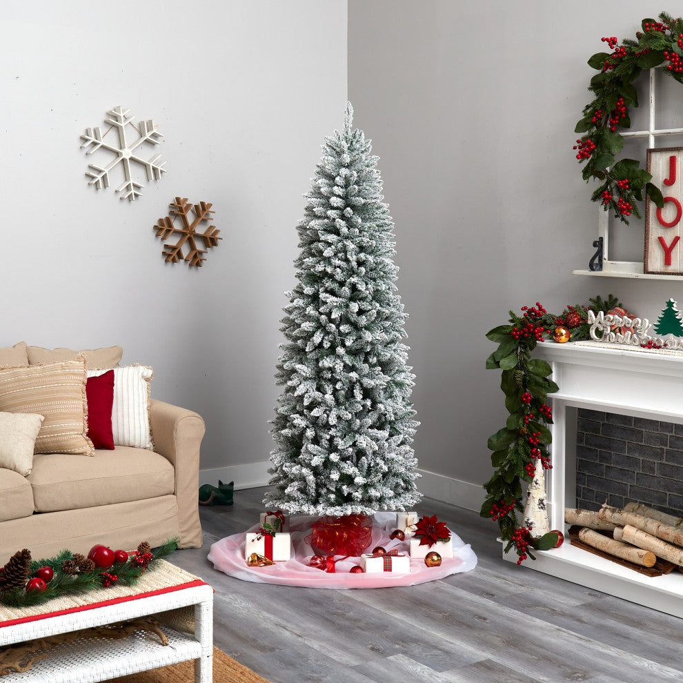 7' Slim Flocked Montreal Fir Faux Xmas Tree W/ White Lights & Bendable Branches