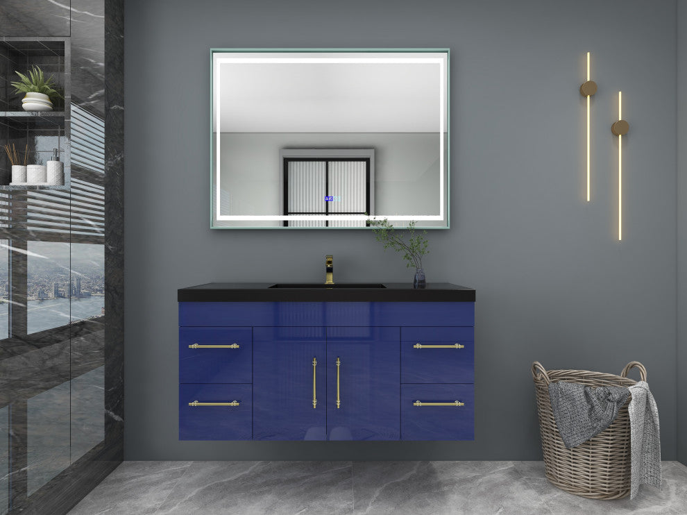 Rosa 48" Wall Mounted Modern Vanity, High Gloss Night Blue, Matt Black Top