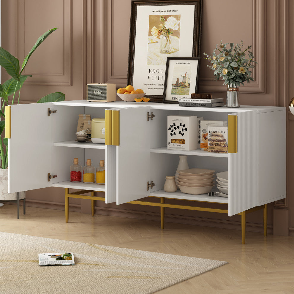TATEUS 60" Modern Elegant 4-door Sideboard,Gold Metal Handle Storage Cabinet, White