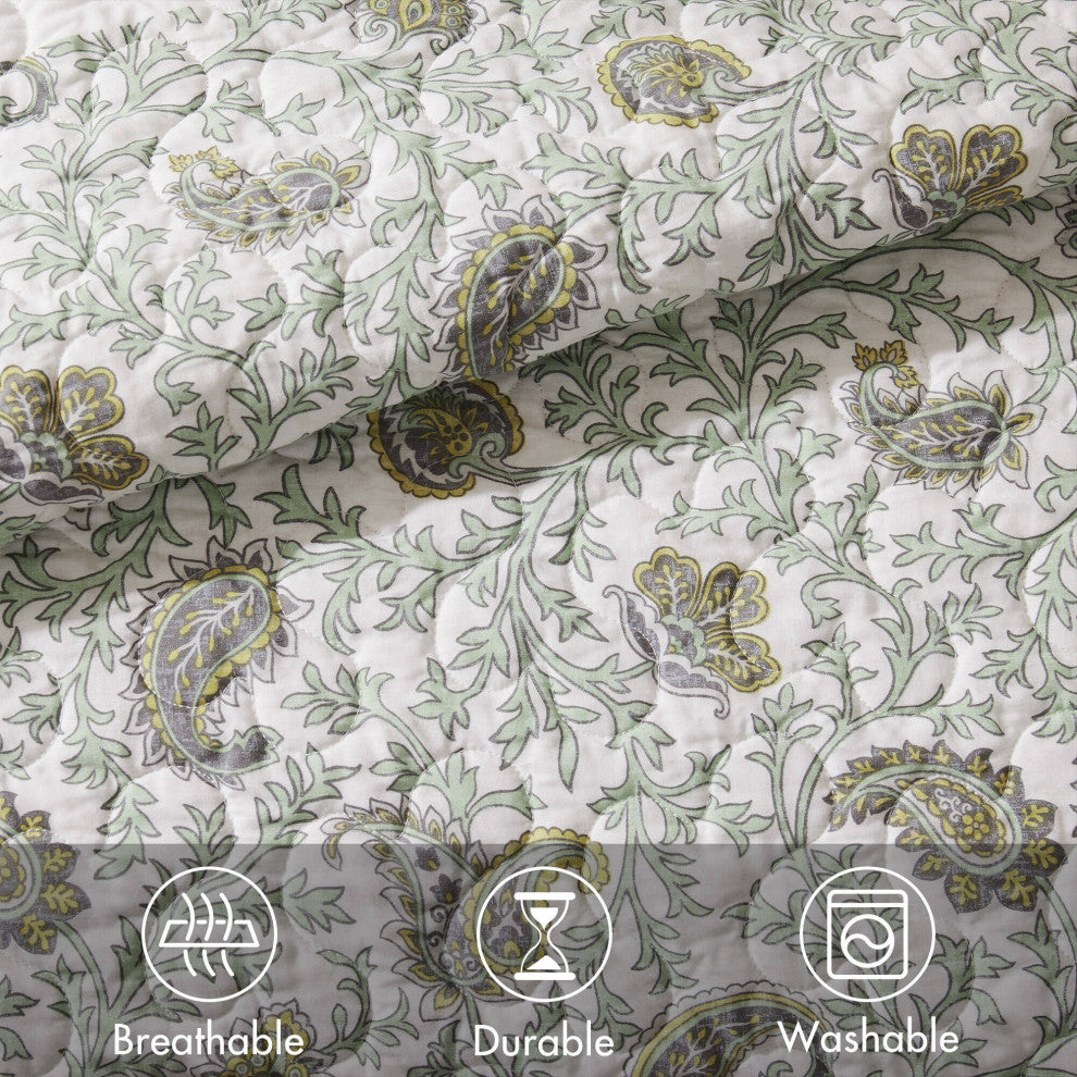 Madison Park Dawn 6 Piece Cotton Percale Quilt Set with Throw Pillows, Sage Green, Full/Queen