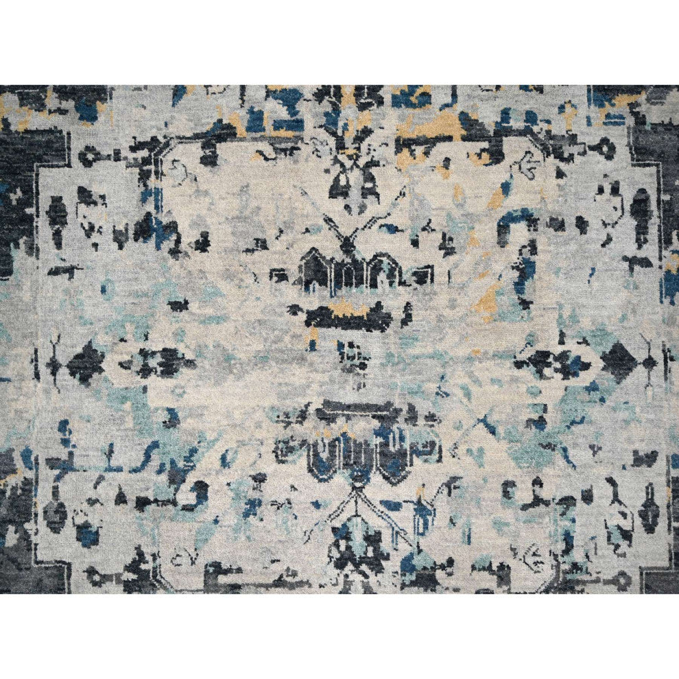 Ivory and Blue Hand Knotted Soft Wool Persian Design Oriental Rug  8'10"x12'