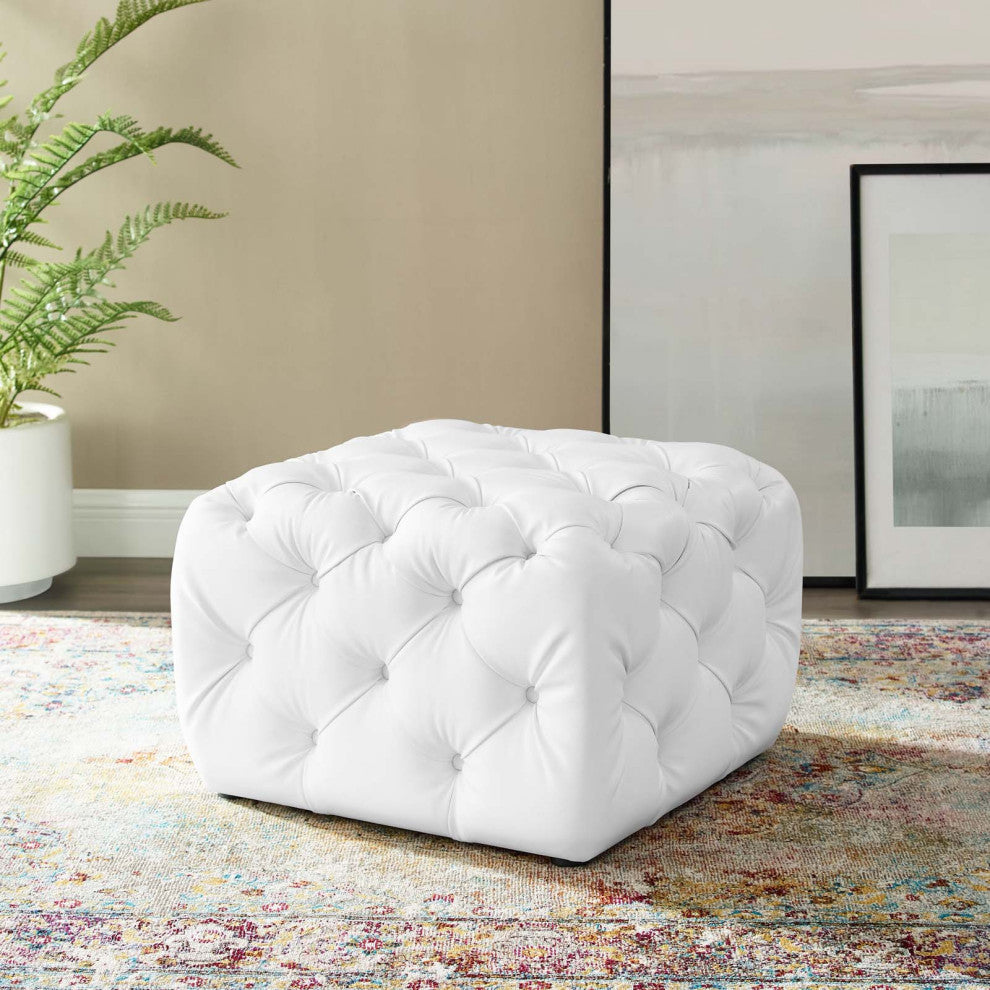 Tufted Accent Chair Ottoman, Square, Faux Leather, White, Modern, Lounge