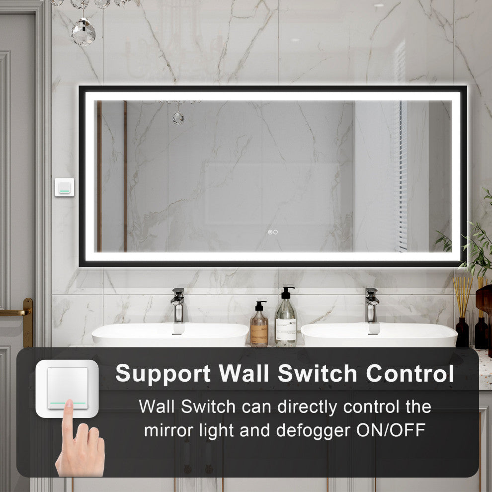 Beveled Bathroom LED Mirror Framed, Backlit and Front Light, Matte Black, 60"x28"