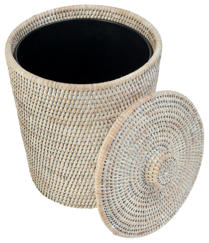 La Jolla Rattan Round Waste Basket With Plastic Insert and Lid, White-Wash