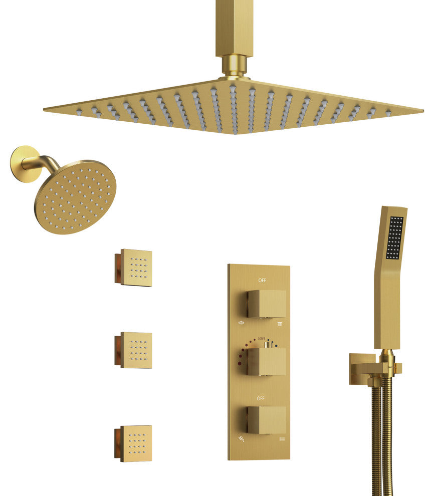 Thermostatic Dual Heads 12" Rainfall Shower System With 3 Body Jets, Brushed Gold
