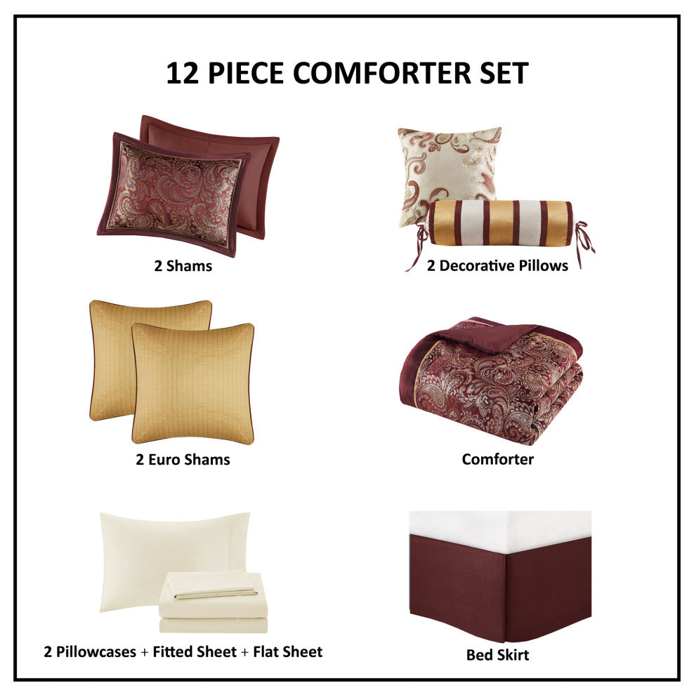 Madison Park Jacquard Comforter 12-Piece Set With Piping, Queen