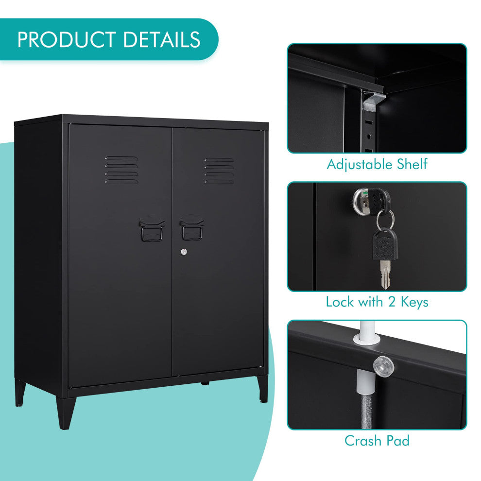Metal Storage Cabinet, 2 Doors & 2 Shelves, 35.5", Black, With Legs