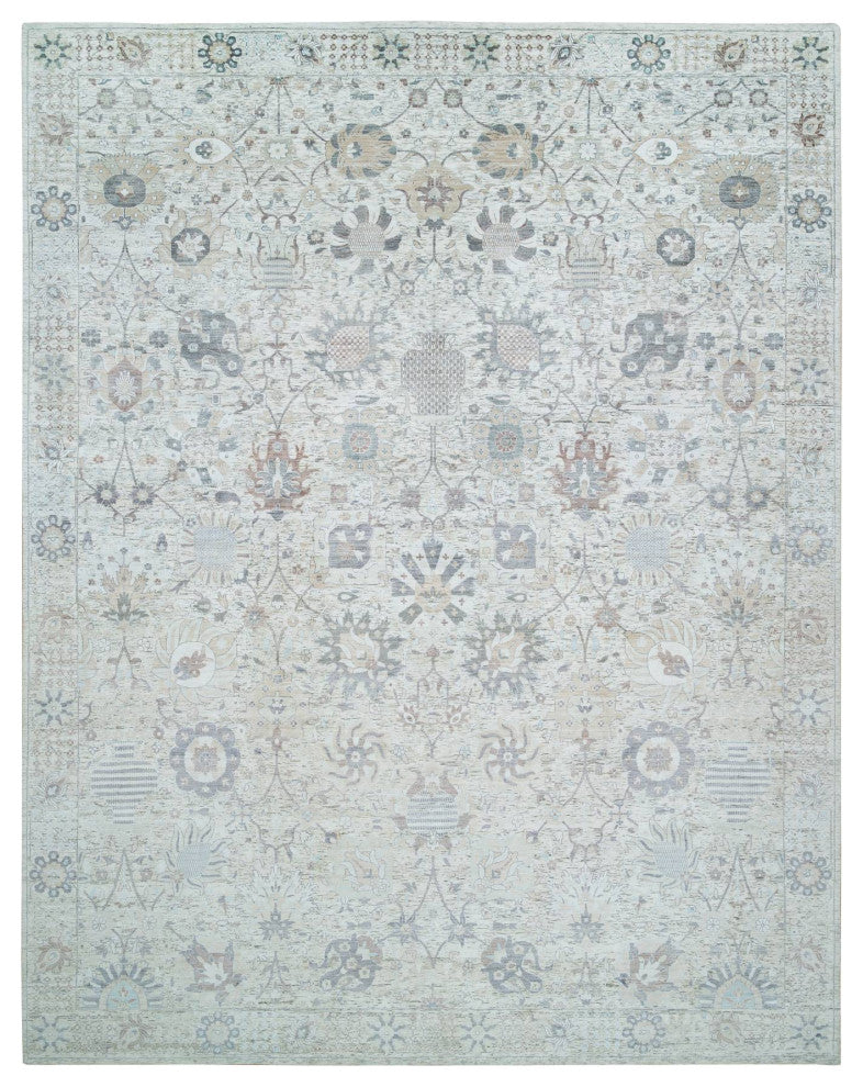 Ivory Silk With Wool Hand Knotted Tebraz Vase Design Oriental Rug, 12'x15'5"