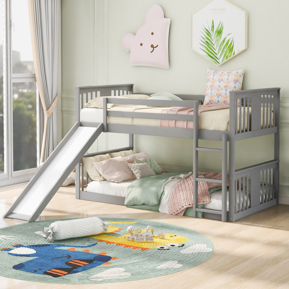 Gewnee Twin Over Twin Bunk Bed with Slide and Ladder in Gray