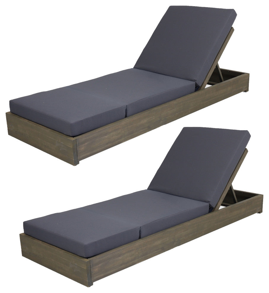 GDF Studio Acacia Wood Chaise Lounge & Foldable Cushion Set, Sandblast Gray/Dark Gray, Set of 2