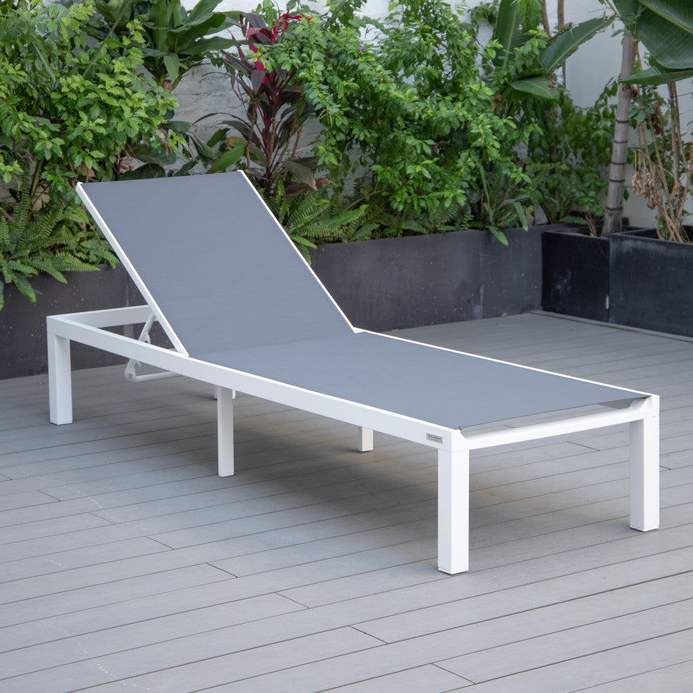 LeisureMod Marlin White Patio Chaise Lounge Chair with Fire Pit Table, Dark Gray