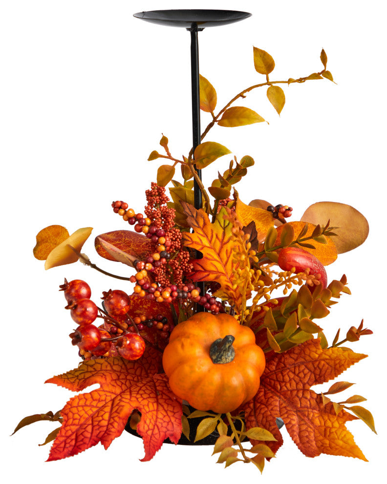 12" Fall Maple Leaves, Berries and Pumpkin Autumn Harvest Candle Holder