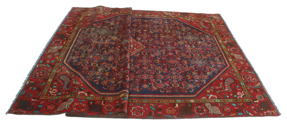Fine Vintage Distressed Moneer Navy/Red Rug, 6'9x10'5