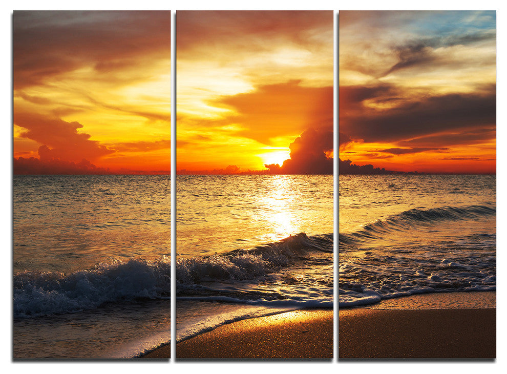 "Colorful Dramatic Sunset Over Waves" Beach Metal Wall Art, 3 Panels, 36"x28"