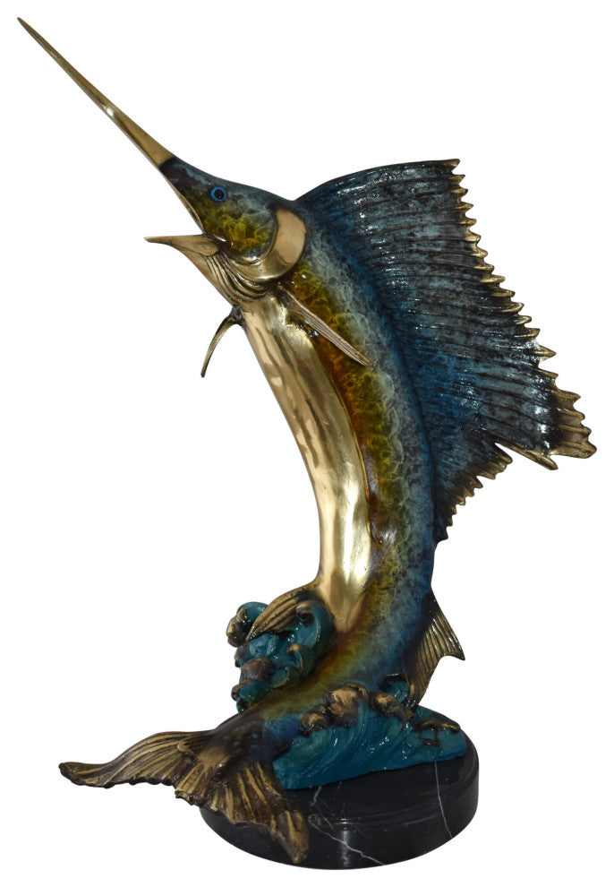 Gold And Blue Sailfish Swimming In Ocean Bronze Statue Size: 18" x 16" x 26"H