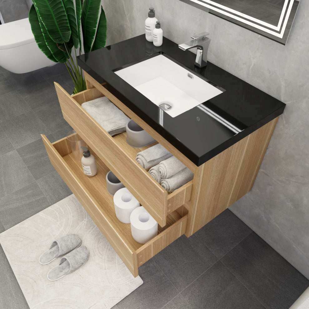 Belli 36" Wall Mounted Single Bathroom Vanity Set, White Oak, Matt Black Top